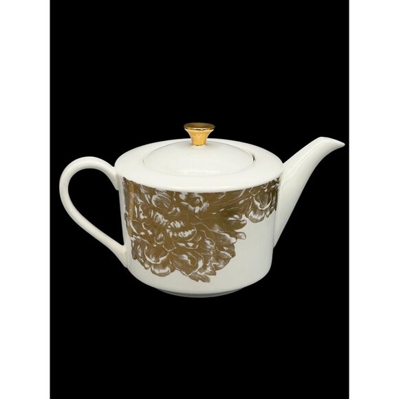 Nicole Miller Home Teapot Gold on White Contemporary Floral Design High Tea - Picture 1 of 11